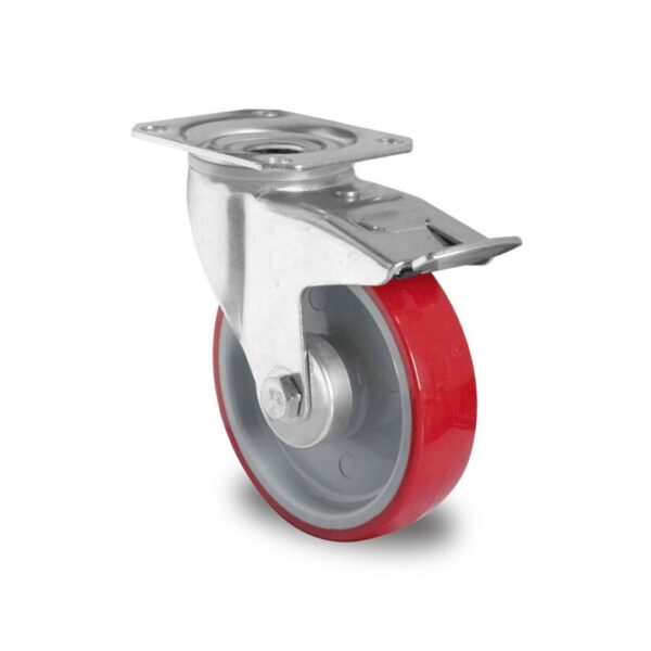 RED PU CASTER WITH BALL BEARING HEAVY DUTY DOUBLE SWIVEL